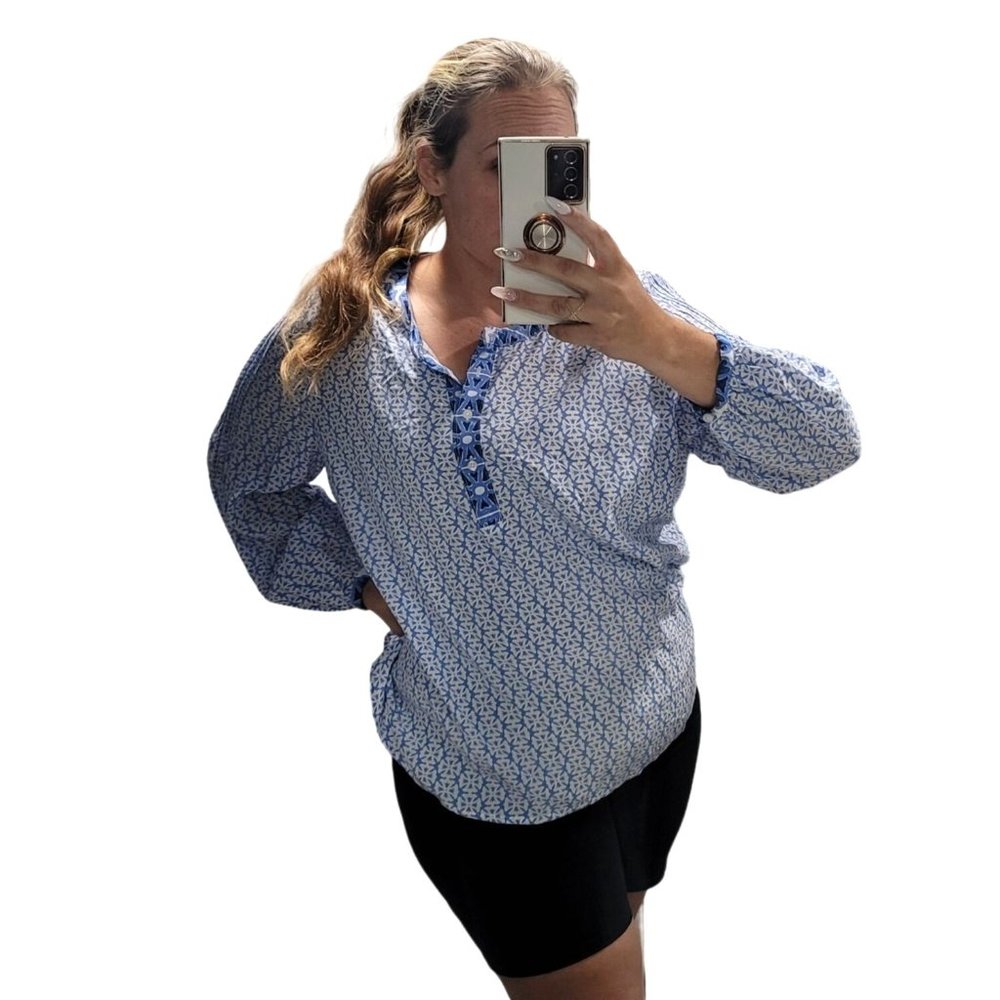 Vineyard Vines Woven Geometric Newport White blue tunic top size XL summer